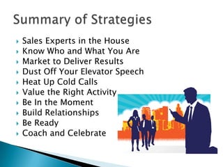 Sales Experts in the HouseKnow Who and What You AreMarket to Deliver ResultsDust Off Your Elevator Speech Heat Up Cold CallsValue the Right ActivityBe In the MomentBuild RelationshipsBe ReadyCoach and CelebrateSummary of Strategies