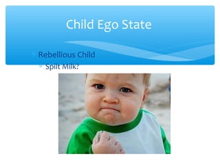 Child Ego State
∗ Rebellious Child
∗ Spilt Milk?
 