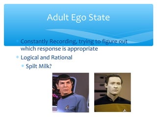 Adult Ego State
∗ Constantly Recording, trying to figure out
which response is appropriate
∗ Logical and Rational
∗ Spilt Milk?
 