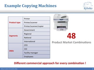 Example	
  Copying	
  Machines	
  
Product	
  type	
  
Printer	
  
Printer/scanner	
  
Printer/scanner/copier	
  
Segments	
  
Government	
  
Regional	
  
Na+onal	
  
Interna+onal	
  
DMU	
  
CFO	
  
CIO	
  
Facility	
  manager	
  
Employees	
  
16	
  Selling	
  innova+ons	
  &	
  innova+ve	
  selling	
  
Diﬀerent	
  commercial	
  approach	
  for	
  every	
  combinaCon	
  !	
  
48	
  	
  
Product	
  Market	
  CombinaCons	
  
 