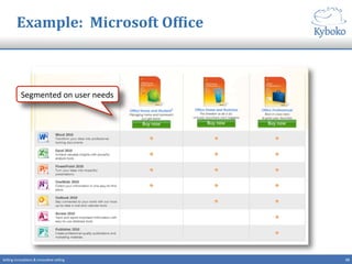 19	
  Selling	
  innova+ons	
  &	
  innova+ve	
  selling	
  
Example:	
  	
  Microsoft	
  OfMice	
  
Segmented	
  on	
  user	
  needs	
  
 
