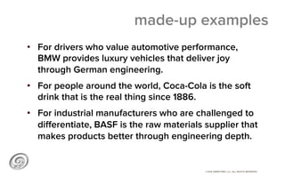 ©2014 @MIKETRAP, LLC. ALL RIGHTS RESERVED.
made-up examples
•  For drivers who value automotive performance,
BMW provides ...