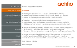 ©2014 @MIKETRAP, LLC. ALL RIGHTS RESERVED.
COCKTAIL	
  PITCH	
   Actiﬁo	
  is	
  copy	
  data	
  virtualization.	
  
ONE	
...