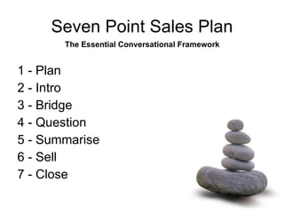 Seven Point Sales Plan 1 - Plan 2 - Intro 3 - Bridge 4 - Question 5 - Summarise 6 - Sell 7 - Close The Essential Conversational Framework 