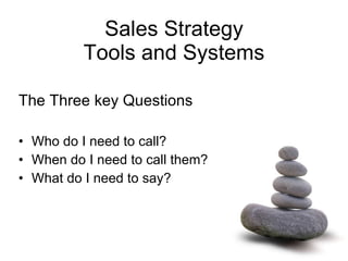 Sales Strategy Tools and Systems The Three key Questions Who do I need to call? When do I need to call them? What do I need to say? 