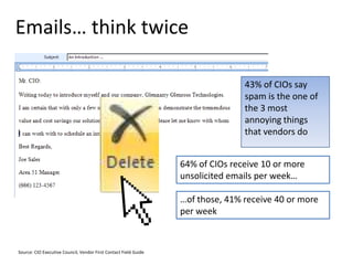 Emails… think twice <br />43% of CIOs say spam is the one of the 3 most annoying things that vendors do<br />64% of CIOs r...