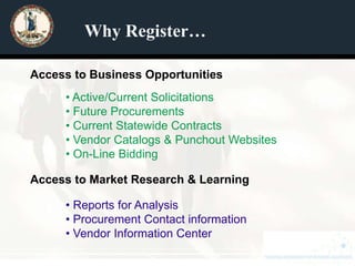 Why Register…

Access to Business Opportunities
     • Active/Current Solicitations
     • Future Procurements
     • Current Statewide Contracts
     • Vendor Catalogs & Punchout Websites
     • On-Line Bidding

Access to Market Research & Learning

     • Reports for Analysis
     • Procurement Contact information
     • Vendor Information Center
 