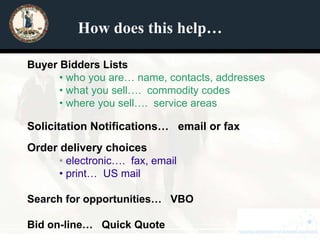 How does this help…

Buyer Bidders Lists
      • who you are… name, contacts, addresses
      • what you sell…. commodity codes
      • where you sell…. service areas

Solicitation Notifications… email or fax
Order delivery choices
      • electronic…. fax, email
      • print… US mail

Search for opportunities… VBO

Bid on-line… Quick Quote
 