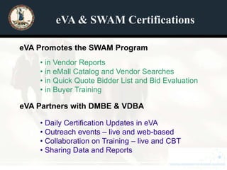 eVA & SWAM Certifications

eVA Promotes the SWAM Program
    • in Vendor Reports
    • in eMall Catalog and Vendor Searches
    • in Quick Quote Bidder List and Bid Evaluation
    • in Buyer Training

eVA Partners with DMBE & VDBA

    • Daily Certification Updates in eVA
    • Outreach events – live and web-based
    • Collaboration on Training – live and CBT
    • Sharing Data and Reports
 