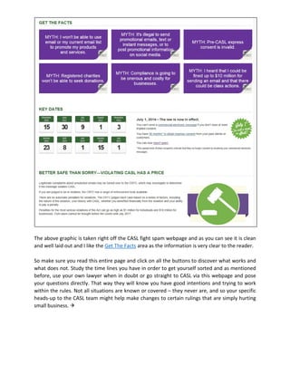 The above graphic is taken right off the CASL fight spam webpage and as you can see it is clean
and well laid out and I like the Get The Facts area as the information is very clear to the reader.
So make sure you read this entire page and click on all the buttons to discover what works and
what does not. Study the time lines you have in order to get yourself sorted and as mentioned
before, use your own lawyer when in doubt or go straight to CASL via this webpage and pose
your questions directly. That way they will know you have good intentions and trying to work
within the rules. Not all situations are known or covered – they never are, and so your specific
heads-up to the CASL team might help make changes to certain rulings that are simply hurting
small business. 
 