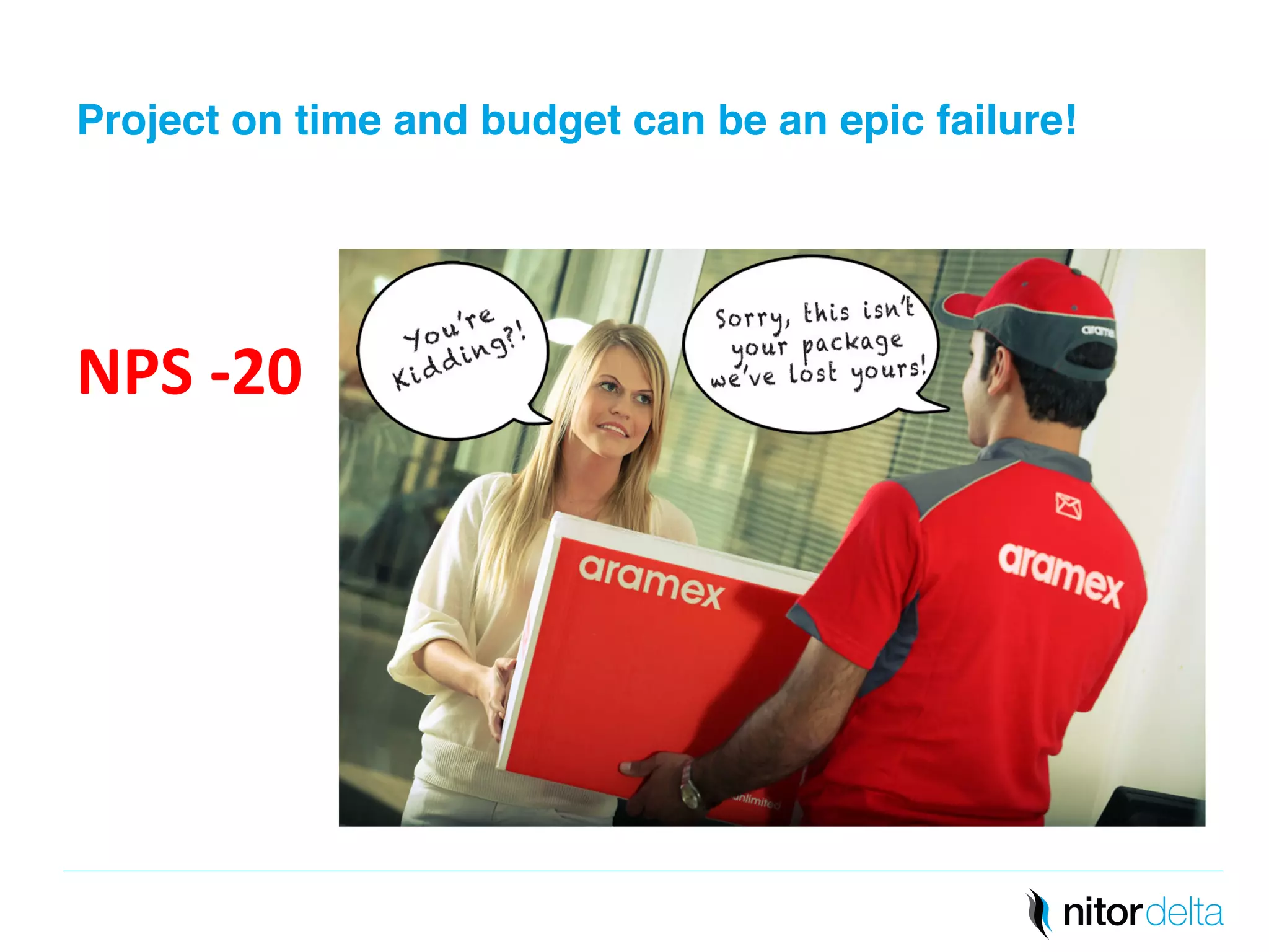 Project on time and budget can be an epic failure!" 
NPS 
-­‐20 
 