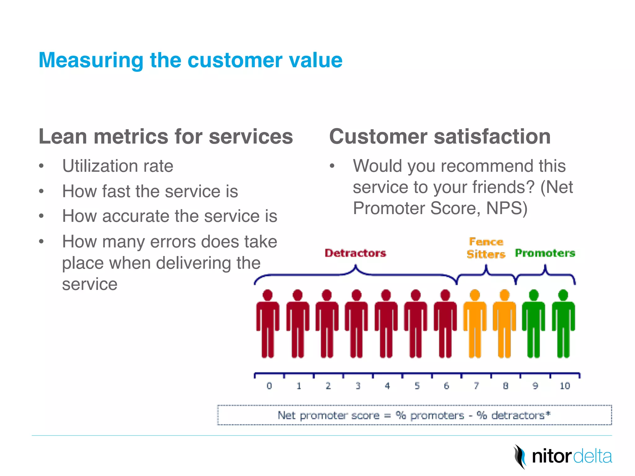 Measuring the customer value" 
Lean metrics for services" 
• Utilization rate! 
• How fast the service is! 
• How accurate the service is! 
• How many errors does take 
place when delivering the 
service! 
Customer satisfaction" 
• Would you recommend this 
service to your friends? (Net 
Promoter Score, NPS)! 
 