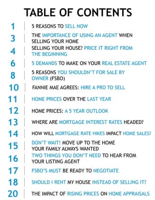 TABLE OF CONTENTS
5 REASONS TO SELL NOW1
THE IMPORTANCE OF USING AN AGENT WHEN
SELLING YOUR HOME3
5 DEMANDS TO MAKE ON YOUR REAL ESTATE AGENT6
5 REASONS YOU SHOULDN’T FOR SALE BY
OWNER (FSBO)8
HOME PRICES: A 5 YEAR OUTLOOK12
WHERE ARE MORTGAGE INTEREST RATES HEADED?13
DON’T WAIT! MOVE UP TO THE HOME
YOUR FAMILY ALWAYS WANTED15
SHOULD I RENT MY HOUSE INSTEAD OF SELLING IT?18
FSBO’S MUST BE READY TO NEGOTIATE17
FANNIE MAE AGREES: HIRE A PRO TO SELL10
HOME PRICES OVER THE LAST YEAR11
TWO THINGS YOU DON’T NEED TO HEAR FROM
YOUR LISTING AGENT16
SELLING YOUR HOUSE? PRICE IT RIGHT FROM
THE BEGINNING4
THE IMPACT OF RISING PRICES ON HOME APPRAISALS20
HOW WILL MORTGAGE RATE HIKES IMPACT HOME SALES?14
 