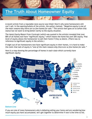 A recent article from a reputable news source was titled: Here’s why some homeowners still
can’t sell. In the opening bullets of the article, the author claimed, “Negative equity is one of
the main reasons why there are so few homes for sale.” The article then goes on to soften that
stance but we want to bring better clarity to the equity situation.
The latest Equity Report from CoreLogic (which was quoted in the article) revealed that over
80% of all homes now have “significant equity,” which means the home has over 20% equity. That
level of equity allows the homeowner to sell their home if they so desire. (There was no
reference to significant equity in the article.)
If eight out of ten homeowners now have significant equity in their homes, it is hard to make
the claim that lack of equity is “one of the main reasons why there are so few homes for sale.”
Here is a map showing the percentage of homes in each state which currently have
significant equity:
The Truth About Homeowner Equity
Bottom Line
If you are one of many homeowners who is debating selling your home and are wondering how
much equity you have accumulated, let’s get together to determine if now is the time to list.
Insufficient Data
< 64.9%
65.0%to69.9%
70.0%to74.9%
75% to79.9%
80.0%>
8
NH(78.5%)
MA(85.3%)
RI (77.7%)
CT (73.2%)
NJ(73.9%)
DE(70.6%)
MD (68.0%)
DC (84.8%)
IL IN
LA
MS
SD
WV
WY
VT ME
89.8%
UT
72.8%
AZ
92.3%
TX
76.1%
OK
69.1%
AR
84.4%
ID
87.2%
CA
71.7%
NV
91.1%
OR
91.6%
WA
76.2%
NM
91.6%
HI
76.8%
AK
86.4%
KS
86.4%
IA
81.2%
MO
81.8%
NE
87.9%
MT 83.8%
MN
78.2%
WI
76.9% 80.3%
AL GA
72.2% 87.0%
80.1%
KY
82.1%TN
74.1%
OH
80.1%
MI
80.8%
PA
85.9%
NY
79.9%
SC
71.8%
VA
80.6%
NC
75.2%
FL
84.3%
ND
89.6%
CO
UNITED STATES
81.1%
 