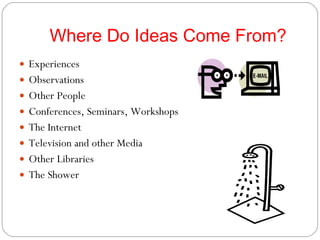Where Do Ideas Come From? Experiences Observations Other People Conferences, Seminars, Workshops The Internet Television and other Media Other Libraries The Shower 