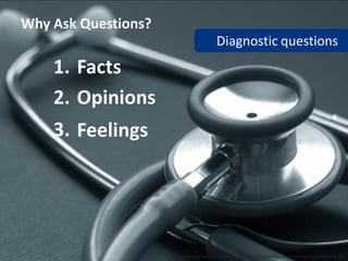 Why Ask Questions?
                                   Diagnostic questions
    1. Facts
    2. Opinions
    3. Feelings




                     www.mylawyer.net/Medical%20Malpractice%20Lawyer/Stethescope%20B&W.jpg
 