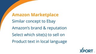 Amazon Marketplace
Similar concept to Ebay
Amazon’s brand & reputation
Select which site(s) to sell on
Product text in local language
 