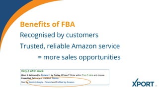Benefits of FBA
Recognised by customers
Trusted, reliable Amazon service
= more sales opportunities
 