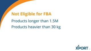 Not Eligible for FBA
Products longer than 1.5M
Products heavier than 30 kg
 