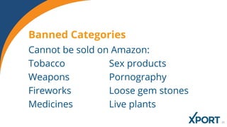 Cannot be sold on Amazon:
Tobacco
Weapons
Fireworks
Medicines
Banned Categories
Sex products
Pornography
Loose gem stones
Live plants
 