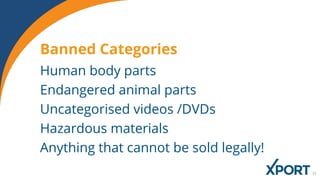 Human body parts
Endangered animal parts
Uncategorised videos /DVDs
Hazardous materials
Anything that cannot be sold legally!
Banned Categories
 