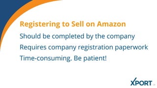 Registering to Sell on Amazon
Should be completed by the company
Requires company registration paperwork
Time-consuming. Be patient!
 