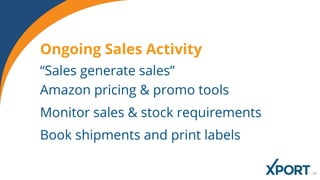 Ongoing Sales Activity
“Sales generate sales”
Amazon pricing & promo tools
Monitor sales & stock requirements
Book shipments and print labels
 