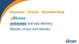 Amazon `Prime´ Membership
Unlimited one-day delivery
Movies, music and ebooks
 