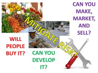 CAN YOU
                     MAKE,
                    MARKET,
                      AND
                     SELL?
 WILL
PEOPLE
BUY IT?   CAN YOU
          DEVELOP
            IT?
 