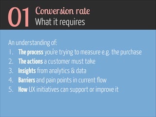 01

Conversion rate  
What it requires

An understanding of:
1. The process you’re trying to measure e.g. the purchase
2. The actions a customer must take
3. Insights from analytics & data
4. Barriers and pain points in current flow
5. How UX initiatives can support or improve it

 
