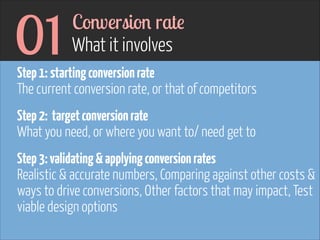 01

Conversion rate  
What it involves

Step 1: starting conversion rate  
The current conversion rate, or that of competitors 
 

 

Step 2: target conversion rate 
What you need, or where you want to/ need get to 
Step 3: validating & applying conversion rates 
Realistic & accurate numbers, Comparing against other costs &
ways to drive conversions, Other factors that may impact, Test
viable design options

 