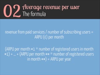 02

Average revenue per user  
The formula

revenue from paid services / number of subscribing users =
ARPU (£) per month
!

(ARPU per month #1 * number of registered users in month
#1) + … + (ARPU per month ## * number of registered users
in month ##) = ARPU per year

 