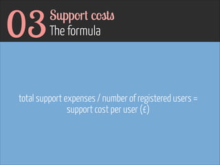 03

Support costs 
The formula

total support expenses / number of registered users =
support cost per user (£)

 