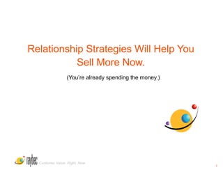 Relationship Strategies Will Help You
           Sell More Now.
                  (You’re already spending the money.)




  Customer Value. Right. Now.
                                                         1
 