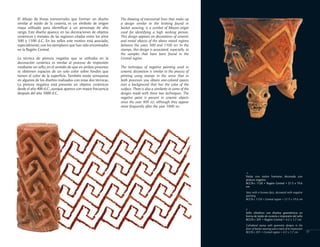 The drawing of transversal lines that make up
a design similar to the knitting found in
basket weaving, is a symbol of Mayan origin
used for identifying a high ranking person.
This design appears on decorations of ceramic
and metal objects of the above stated regions
between the years 500 and 1100 AD. In the
stamps, this design is associated, especially, to
the samples that have been found in the
Central region.
The technique of negative painting used in
ceramic decoration is similar to the process of
printing using stamps in the sense that in
both processes you obtain one-colored spaces
over a background that has the color of the
surface. There is also a similarity in some of the
designs made with these two techniques. The
negative paint is present in ceramic objects
since the year 400 AD, although they appear
more frequently after the year 1000 AD.
Vasija con rostro humano, decorada con
pintura negativa
BCCR-c 1120 • Región Central • 21.5 x 19.6
cm
Vase with a human face, decorated with negative
painting
BCCR-c 1120 • Central region • 21.5 x 19.6 cm
<
Sello cilíndrico con diseños geométricos en
forma de tejido de cestería e impresión del sello
BCCR-c 201 • Región Central • 4.2 x 1.7 cm
Cylindrical stamp with geometric designs in the
form of basket weaving and a track of its impression
BCCR-c 201 • Central region • 4.2 x 1.7 cm
>
17
El dibujo de líneas transversales que forman un diseño
similar al tejido de la cestería, es un símbolo de origen
maya utilizado para identificar a un personaje de alto
rango. Este diseño aparece en las decoraciones de objetos
cerámicos y metates de las regiones citadas entre los años
500 y 1100 d.C. En los sellos este motivo está asociado,
especialmente,con los ejemplares que han sido encontrados
en la Región Central.
La técnica de pintura negativa que se utilizaba en la
decoración cerámica es similar al proceso de impresión
mediante un sello,en el sentido de que en ambos procesos
se obtienen espacios de un solo color sobre fondos que
tienen el color de la superficie. También existe semejanza
en algunos de los diseños realizados con estas dos técnicas.
La pintura negativa está presente en objetos cerámicos
desde el año 400 d.C.,aunque aparece con mayor frecuencia
después del año 1000 d.C.
 