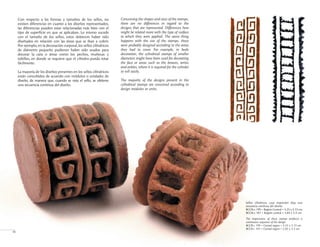 Concerning the shapes and sizes of the stamps,
there are no differences in regard to the
designs that are represented. Differences here
might be related more with the type of surface
to which they were applied. The same thing
happens with the size of the stamps, these
were probably designed according to the areas
they had to cover. For example, in body
decoration, the cylindrical stamps of smaller
diameters might have been used for decorating
the face or areas such as the breasts, wrists
and ankles, where it is required for the cylinder
to roll easily.
The majority of the designs present in the
cylindrical stamps are conceived according to
design modules or units.
Sellos cilíndricos cuya impresión deja una
secuencia continua del diseño
BCCR-c 199 • Región Central • 3.25 x 3.15 cm
BCCR-c 181 • Región central • 2.85 x 3.3 cm
The impressions of these stamps produces a
continuous sequence of the design
BCCR-c 199 • Central region • 3.25 x 3.15 cm
BCCR-c 181 • Central region • 2.85 x 3.3 cm
18
Con respecto a las formas y tamaños de los sellos, no
existen diferencias en cuanto a los diseños representados,
las diferencias pueden estar relacionadas más bien con el
tipo de superficie en que se aplicaban. Lo mismo sucede
con el tamaño de los sellos, estos debieron haber sido
diseñados en relación con las áreas que se iban a cubrir.
Por ejemplo,en la decoración corporal,los sellos cilíndricos
de diámetro pequeño pudieron haber sido usados para
decorar la cara o áreas como los pechos, muñecas y
tobillos, en donde se requiere que el cilindro pueda rotar
fácilmente.
La mayoría de los diseños presentes en los sellos cilíndricos
están concebidos de acuerdo con módulos o unidades de
diseño, de manera que, cuando se rota el sello, se obtiene
una secuencia continua del diseño.
 