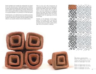 There are also some other arrangements of
composition that begin with one independent
element that repeats itself to form the design;
likewise, there are designs that are made in
such a way that impressions of overlapping
bands can be made, with which a continuous
drawing might be obtained, where one cannot
distinguish neither the beginning nor the end
of the design.
Evidently, in the elaboration of the designs
present in the stamps, there is not only the
intention of communicating when choosing
the design, but also an artistic creation with a
high sense of the aesthetic is obtained.
Sello cilíndrico e impresión del sello
BCCR-c 213 • Región Central • 3.5 x 2.1 cm
Cylindrical stamp and impression of a stamp
BCCR-c 213 • Central region • 3.5 x 2.1cm
<
BCCR-c 34 • Región Central • 3.4 x 2 cm
BCCR-c 33 • Región Central • 4.6 x 4.8 cm
BCCR-c 34 • Central region • 3.4 x 2 cm
BCCR-c 33 • Central region • 4.6 x 4.8 cm
>
19
Existen también otros arreglos de composición que parten
de un solo elemento que se repite para formar un diseño;
de igual manera hay diseños que están hechos de tal forma
que se pueden hacer impresiones de bandas sobrepuestas,
con lo cual se puede obtener un dibujo continuo en el cual
no se puede distinguir ni el comienzo ni el final del diseño.
Evidentemente, en la elaboración de los diseños presentes
en los sellos no solo existe una intención de comunicación
cuando se selecciona un motivo, sino que también se logra
obtener una creación artística de alto sentido estético.
 