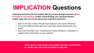 IMPLICATION Questions
Implication questions take the problem that you’ve already diagnosed and explores
its impact or cons...