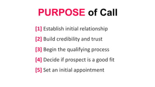 [2] Build credibility and trust
[3] Begin the qualifying process
[4] Decide if prospect is a good fit
[1] Establish initia...