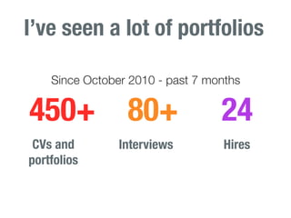 I’ve seen a lot of portfolios

    Since October 2010 - past 7 months


450+ 80+                          24
 CVs and        Interviews         Hires
portfolios
 