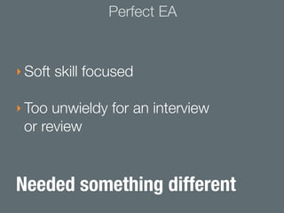 Perfect EA


‣ Soft skill focused

‣ Too unwieldy for an interview
 or review


Needed something different
 