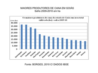 MAIORES PRODUTORES DE CANA EM GOIÁS
         Safra 2009-2010 em ha




  Fonte: BORGES, 2010 C/ DADOS IBGE
 