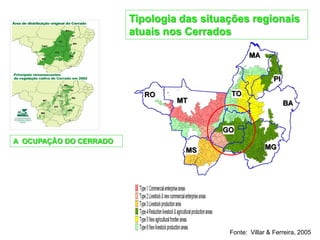 O QUE A MODERNIZAÇÃO DA AGRICULTURA PROMOVEU DESDE 1970?
                        Tipologia das situações regionais
                                         A NOVA FRONTEIRA
                        atuais nos Cerrados




A OCUPAÇÃO DO CERRADO




                                     A degradação não foi causada
                                     pela cana-de-açúcar...

                                            Fonte: Villar & Ferreira, 2005
 