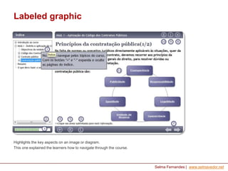 Labeled graphic

Highlights the key aspects on an image or diagram.
This one explained the learners how to navigate through the course.

Selma Fernandes | www.selmavedor.net

 