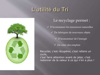 Le recyclage permet : 
 D’économiser les ressources naturelles 
 De fabriquer de nouveaux objets 
 D’économiser de l’énergie 
 De créer des emplois 
Recycler, c’est récupérer, c’est refaire un 
cycle, 
c’est faire attention avant de jeter, c’est 
redonner de la valeur à ce qui n’en a plus ! 
 