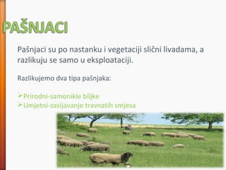 Pašnjaci su po nastanku i vegetaciji slični livadama, a
razlikuju se samo u eksploataciji.
Razlikujemo dva tipa pašnjaka:
Prirodni-samonikle biljke
Umjetni-zasijavanje travnatih smjesa
 