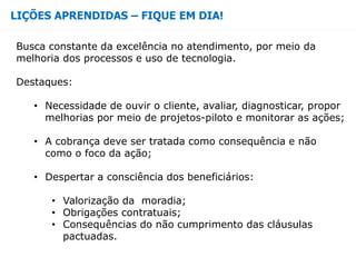 LIÇÕES APRENDIDAS – FIQUE EM DIA!
Busca constante da excelência no atendimento, por meio da
melhoria dos processos e uso de tecnologia.
Destaques:
• Necessidade de ouvir o cliente, avaliar, diagnosticar, propor
melhorias por meio de projetos-piloto e monitorar as ações;
• A cobrança deve ser tratada como consequência e não
como o foco da ação;
• Despertar a consciência dos beneficiários:
• Valorização da moradia;
• Obrigações contratuais;
• Consequências do não cumprimento das cláusulas
pactuadas.
 