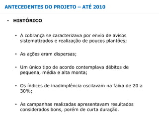 ANTECEDENTES DO PROJETO – ATÉ 2010
• HISTÓRICO
• A cobrança se caracterizava por envio de avisos
sistematizados e realização de poucos plantões;
• As ações eram dispersas;
• Um único tipo de acordo contemplava débitos de
pequena, média e alta monta;
• Os índices de inadimplência oscilavam na faixa de 20 a
30%;
• As campanhas realizadas apresentavam resultados
considerados bons, porém de curta duração.
 