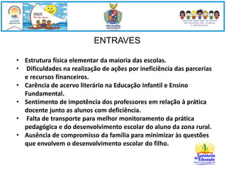 ENTRAVES 
• Estrutura física elementar da maioria das escolas. 
• Dificuldades na realização de ações por ineficiência das parcerias 
e recursos financeiros. 
• Carência de acervo literário na Educação Infantil e Ensino 
Fundamental. 
• Sentimento de impotência dos professores em relação à prática 
docente junto as alunos com deficiência. 
• Falta de transporte para melhor monitoramento da prática 
pedagógica e do desenvolvimento escolar do aluno da zona rural. 
• Ausência de compromisso da família para minimizar às questões 
que envolvem o desenvolvimento escolar do filho. 
 