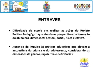 ENTRAVES 
• Dificuldade da escola em realizar as ações do Projeto 
Político Pedagógico que atenda às perspectivas da formação 
do aluno nas dimensões: pessoal, social, físico e efetivo. 
• Ausência de impulso às práticas educativas que elevem a 
autoestima da criança e do adolescente, considerando as 
dimensões de gênero, raça/etnia e deficiências. 
 